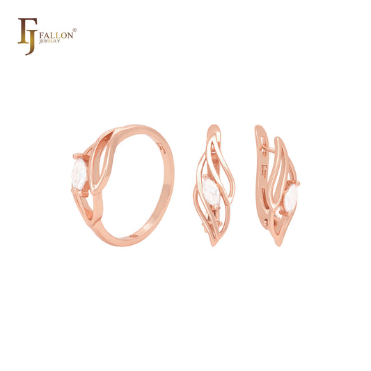 Conjunto de joias de ouro rosa com zircônia cúbica branca e anéis
