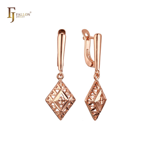 Drop Geometric Rhombus filigree cage Rose Gold Russian Lock Earrings