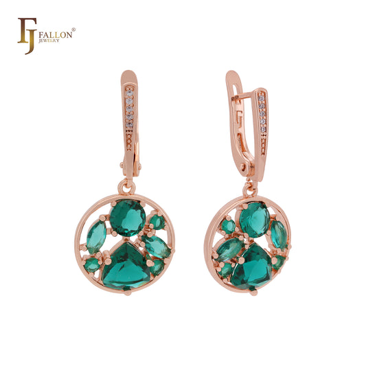 Cluster emerald CZs luxurious Rose Gold Russian Lock Earrings