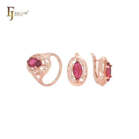 Conjunto de joias em ouro rosa com zircônia cúbica e anéis em filigrana de ondas com solitário Marquise vermelho