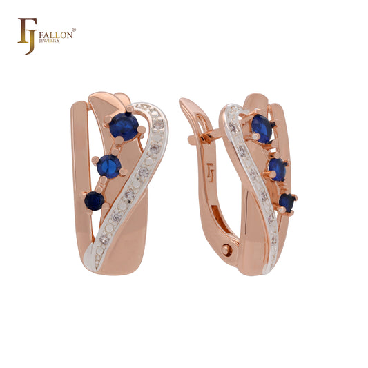 Triple blue CZs white CZs Rose Gold two tone Russian Lock Earrings