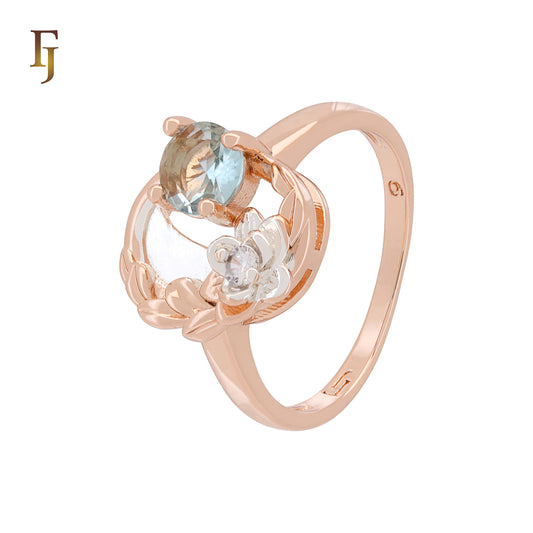 Floral Openwork Ring with Blue and CZ Stones – 13.6mm Rose Gold by FJ Jewelry