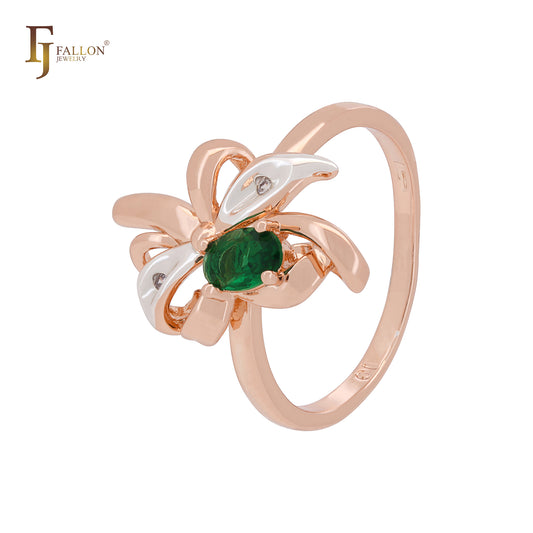 Ribbon of flower and leaves luxurious Emerald Green Rose Gold two tone Fashion Rings