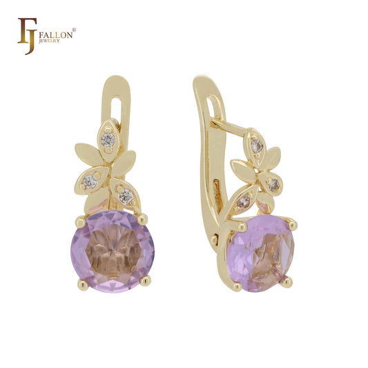 Flower branches solitaire rounded cz Rose Gold, 14K Gold Russian Lock Earrings