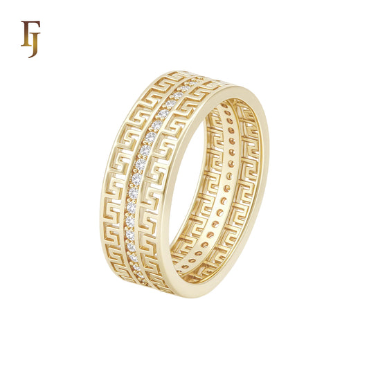 Rounded Eternity white CZs Greek key 14K Gold Fashion Rings