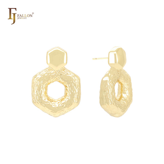Aretes de oro de 14 quilates, oro rosa y oro blanco con textura ondulada hexagonal