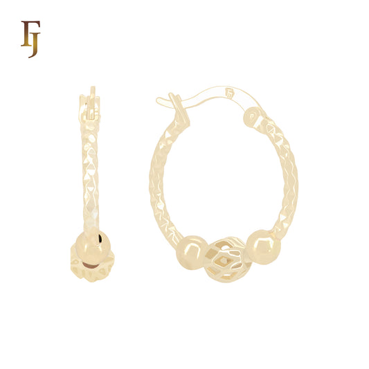 Three tone plated Hollow Beads textured 14K Gold Rose Gold Hoop Earrings