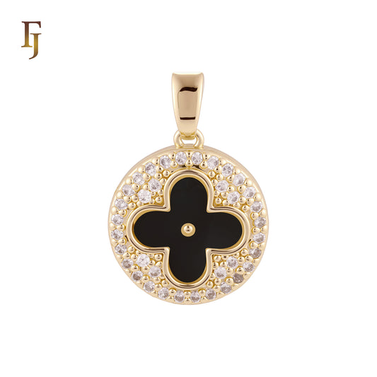 Lucky Disc Cluster white CZs Clover of Black or white Onyx 14K Gold, Rose Gold Pendant