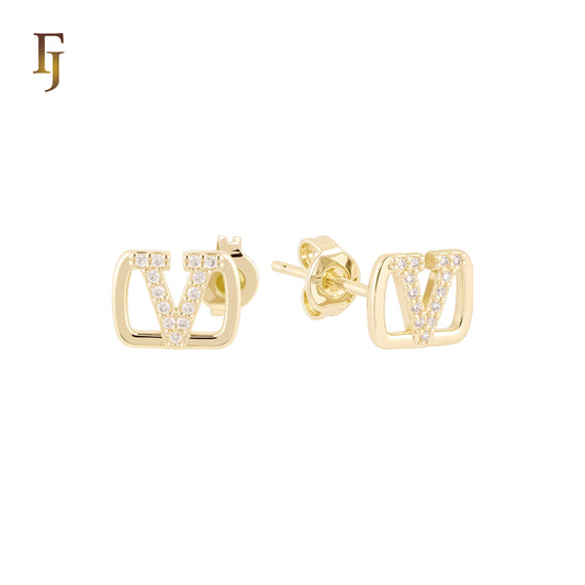 V of Victory white czs paved 14K Gold Stud Earrings