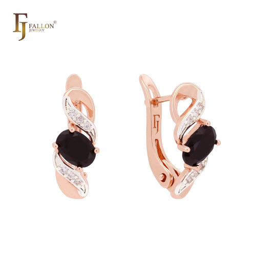 Ribbon clawed oval cut solitaire cz Rose Gold two tone Russian Lock Earrings