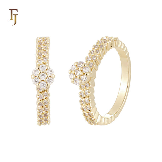 Double Band of Cluster white CZs flower 14K Gold, Rose Gold Wedding Set Rings