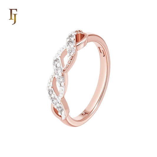 Double Crossing Ribbons of white CZs Rose Gold two tone Fashion Rings