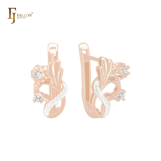 Fancy flower of white CZs Rose Gold Russian Lock Earrings