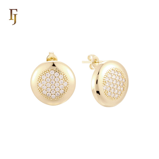 Rounded disc of white Czs 14K Gold, Rose Gold Stud Earrings