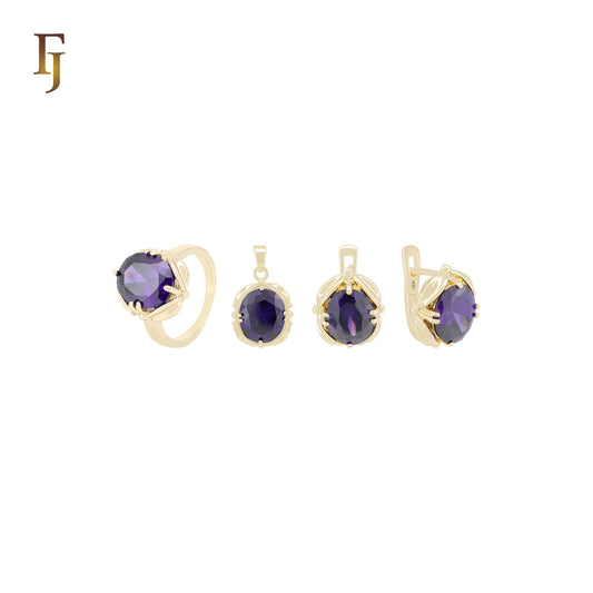 Big Purple Solitaire CZ 14K Gold Jewelry Set with Rings and Pendant