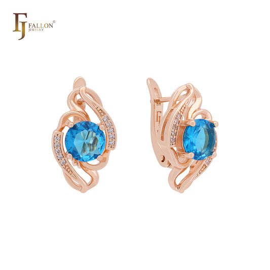 Spining Solitaire Ocean Blue CZ Rose Gold Russian Lock Earrings