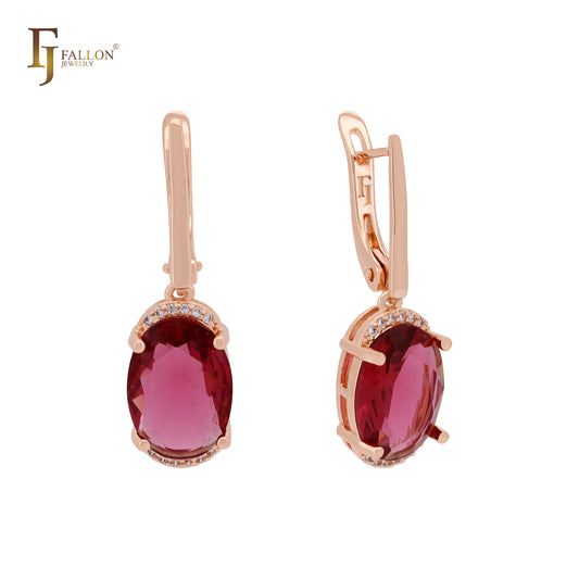 Giant big oval solitaire Rose Red CZ Rose Gold Russian Lock Earrings