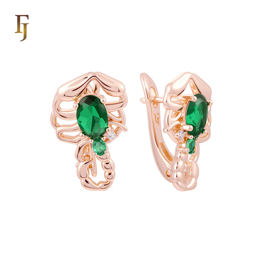 Great Scorpio of Emerald Green CZs Rose Gold Russian Lock Earrings