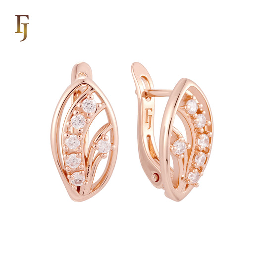 Leave paved white CZs Rose Gold Russian Lock Earrings