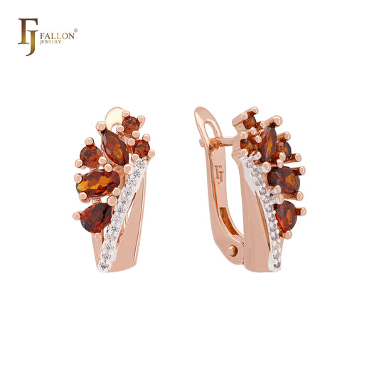 Cluster Red CZs white CZs Rose Gold two tone Russian Lock Earrings