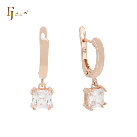 Solitaire asser cut cz drop 14K Gold, Rose Gold, White Gold Russian Lock Earrings