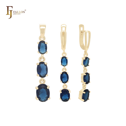 Pendientes colgantes de triple óvalo con circonitas cúbicas blancas o azules de colores, conjunto de joyas de oro de 14 quilates con colgante