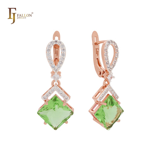 Dangling rhombus shape lake blue CZ with white CZs band Rose Gold Russian Lock Earrings