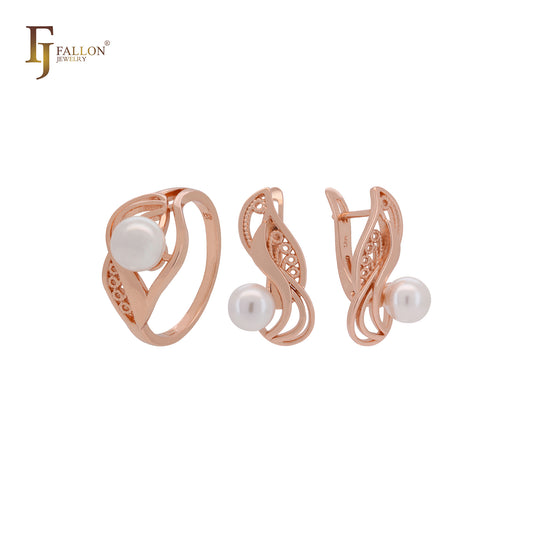 Conjunto de joyas de oro rosa con anillos y filigrana danzante de perla