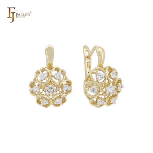Cluster white CZs clawed 14K Gold two tone Russian Lock Earrings