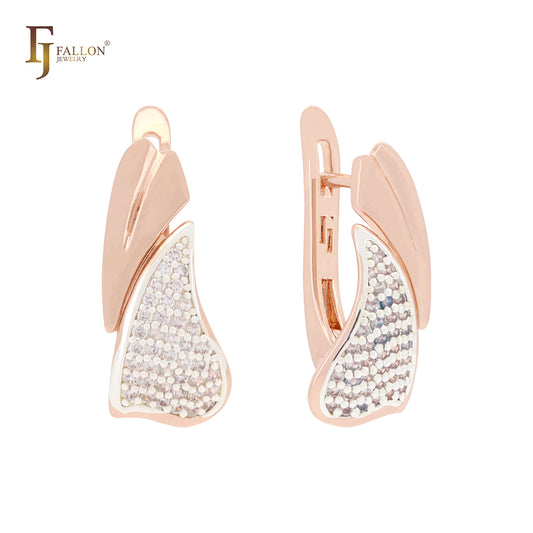 Double leaves of white CZs Rose Gold two tone Russian Lock Earrings