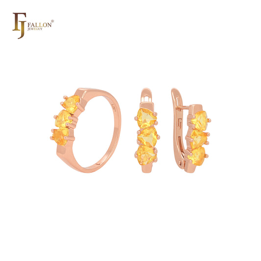 Conjunto de joias com zircônias cúbicas triangulares, laranja e amarelo, triplo champanhe, ouro rosa, com anéis