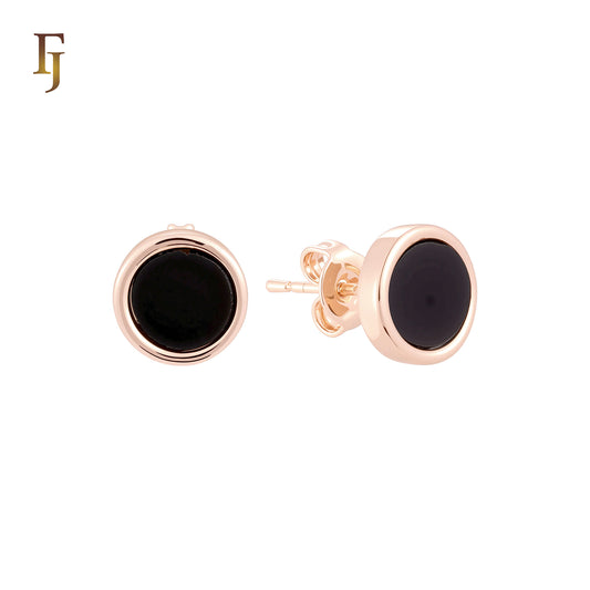 Rounded Black Onyx 14K Gold, Rose Gold Stud Earrings