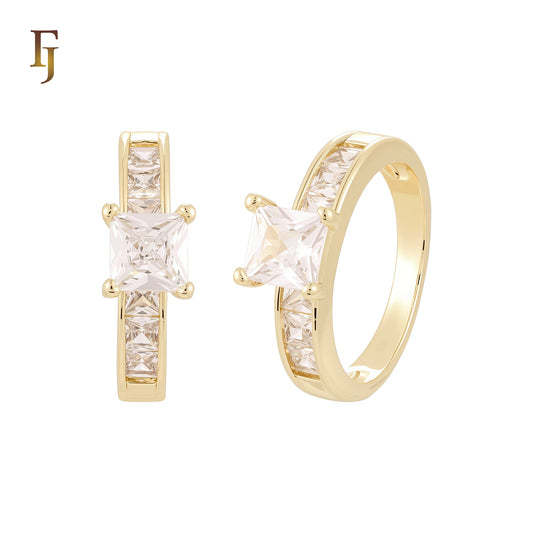 Squared Cluster Baguette White CZs 14K Gold, Rose Gold Wedding Set Rings