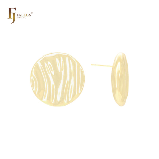 Pendientes de botón de oro de 14 quilates, oro rosa y oro blanco con textura ondulada irregular en forma de moneda.