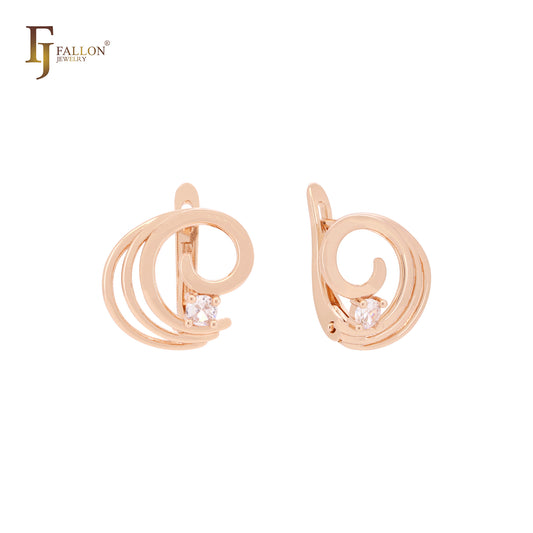 Whirling waves with white CZs elegant Rose Gold Russian Lock Earrings