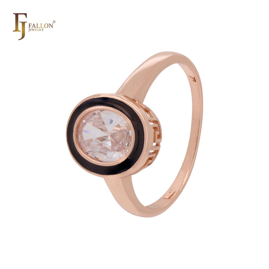 Oval solitaire white CZs black circled Rose Gold Fashion Rings