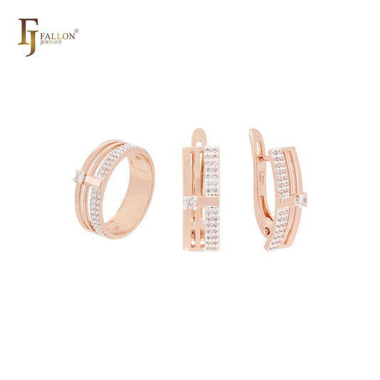 Conjunto de joyas minimalistas elegantes con circonitas blancas pavimentadas en oro rosa de dos tonos y anillos.