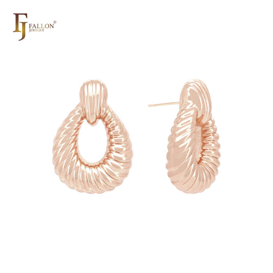 Pendientes de botón de mil hilos en forma de lágrima de oro de 14 quilates, oro rosa y oro blanco