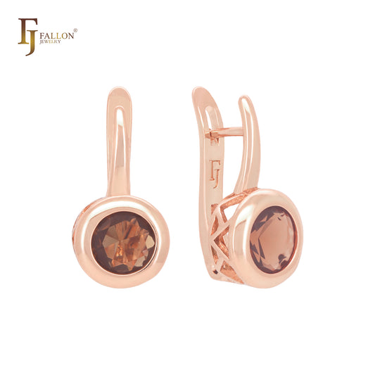 Elegant round Solitaire coffee CZ Rose Gold Russian Lock Earrings
