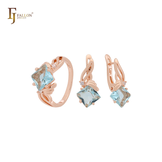 Conjunto de joyas de oro rosa con corte Asscher y anillos en azul lago