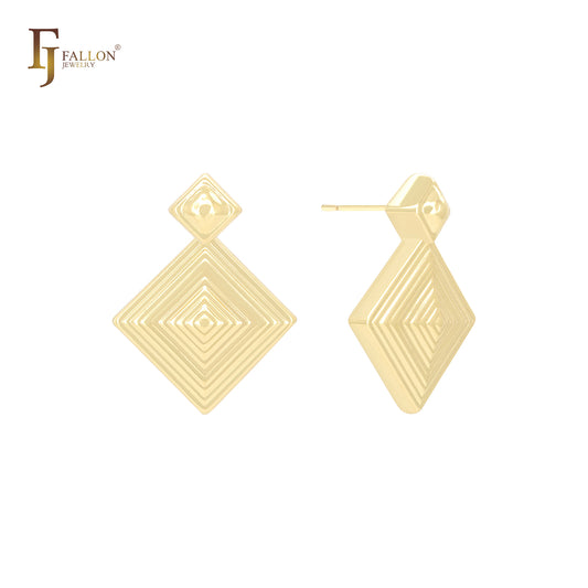 Серьги-гвоздики из тысячеслойной пирамиды в форме ромба из 14-каратного золота, розового золота и белого золота