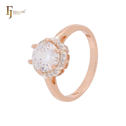 Anéis de noivado grandes, redondos e coloridos, em ouro rosa, com zircônia cúbica, em dois tons, com halo solitário