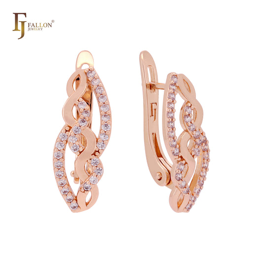 Multi twisted bands of white CZs Rose Gold Russian Lock Earrings
