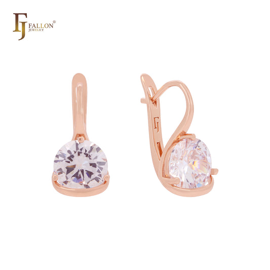 Elegant clawed solitaire white CZ Rose Gold Russian Lock Earrings