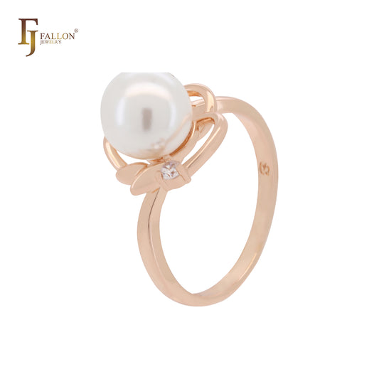 Elegantes pendientes de clip de oro rosa con hojas y perlas