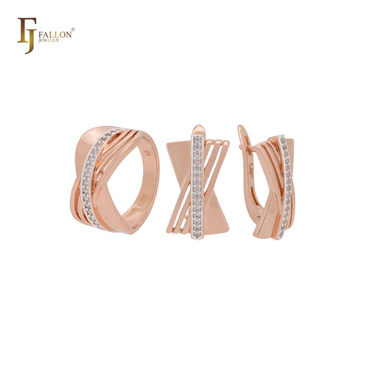 Conjunto de joias em dois tons de ouro rosa com anéis e zircônias cúbicas brancas sobrepostas geométricas