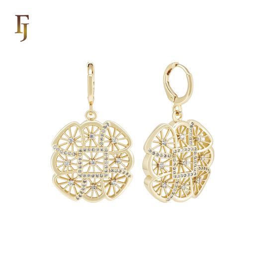 Flower of eight petals Snowflake of white CZs 14K Gold Huggie drop Earrings