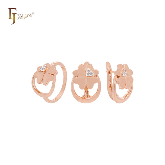 Conjunto de joias de ouro rosa com trevo de quatro folhas e anéis