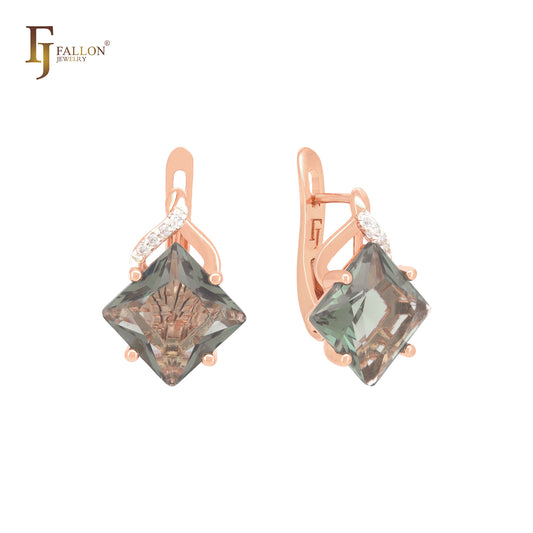 Great asscher cut squared apple green CZ Rose Gold two tone Russian Lock Earrings