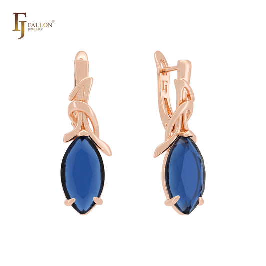 Clawed drop Marquise Solitaire Colorful CZ Rose Gold Russian Lock Earrings